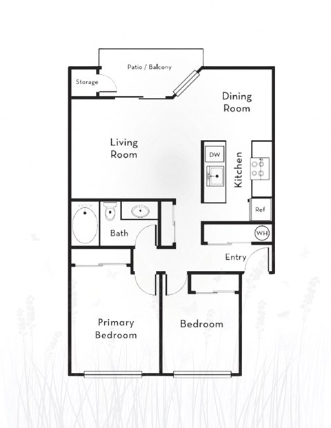 Floor plan for 2 beds, 1 bath, 829 sqft